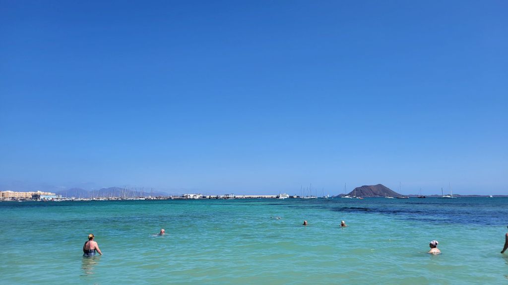 Corralejo beach. In the background is Lobos Island, and behind that is Lanzarote.
