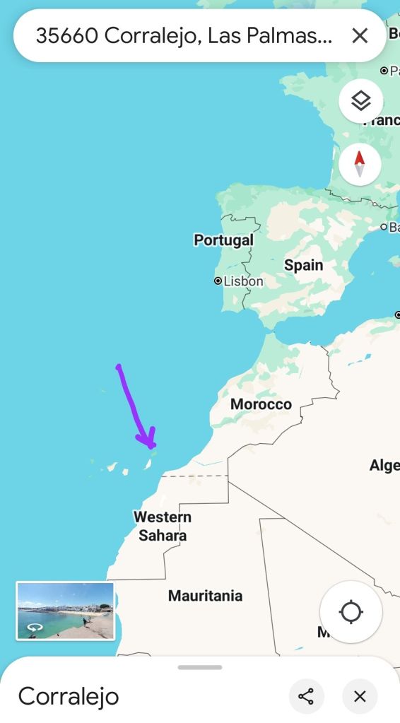 A map showing the location of Corralejo.
